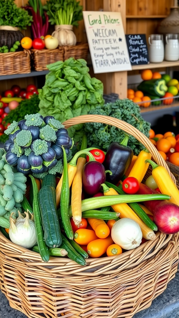 A colorful basket filled with various seasonal vegetables including broccoli, zucchini, peppers, and tomatoes.