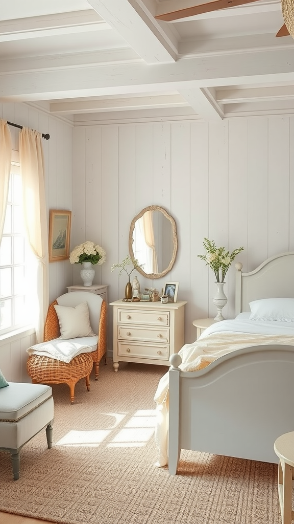 Coastal cottage bedroom featuring shabby chic decor elements with soft colors, vintage furniture, and floral patterns.