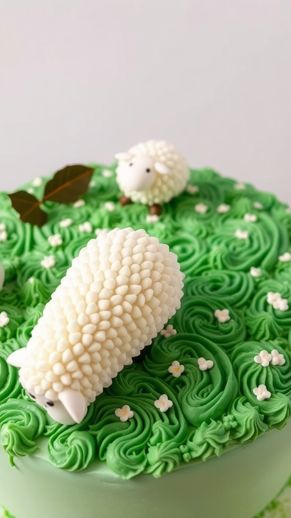 A decorative cake featuring sheep and green frosting, resembling a pasture.