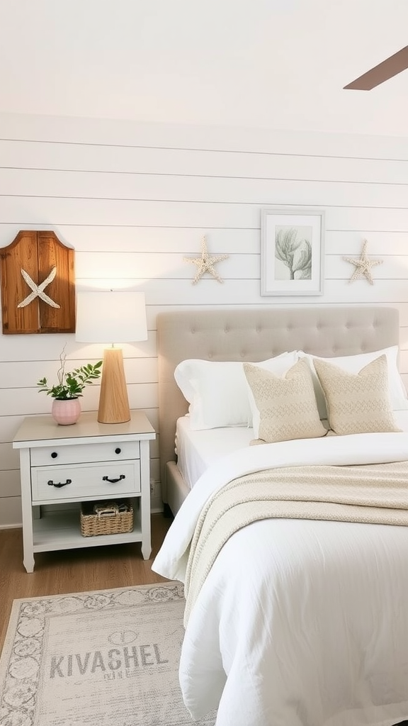 Cozy bedroom featuring a shiplap accent wall with light furnishings