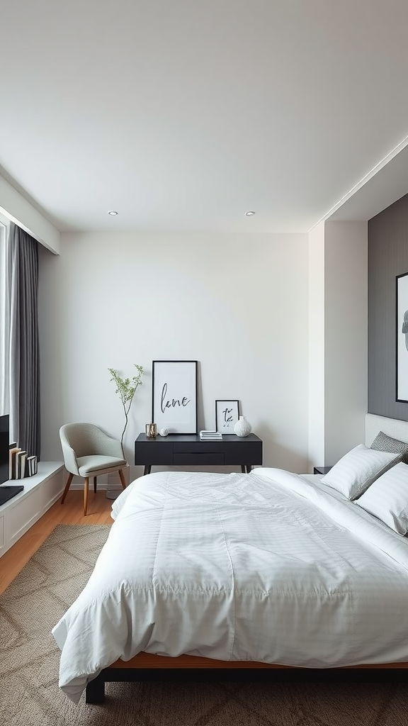 A sleek contemporary bedroom with a white bed, minimalist decor, and a cozy reading chair.