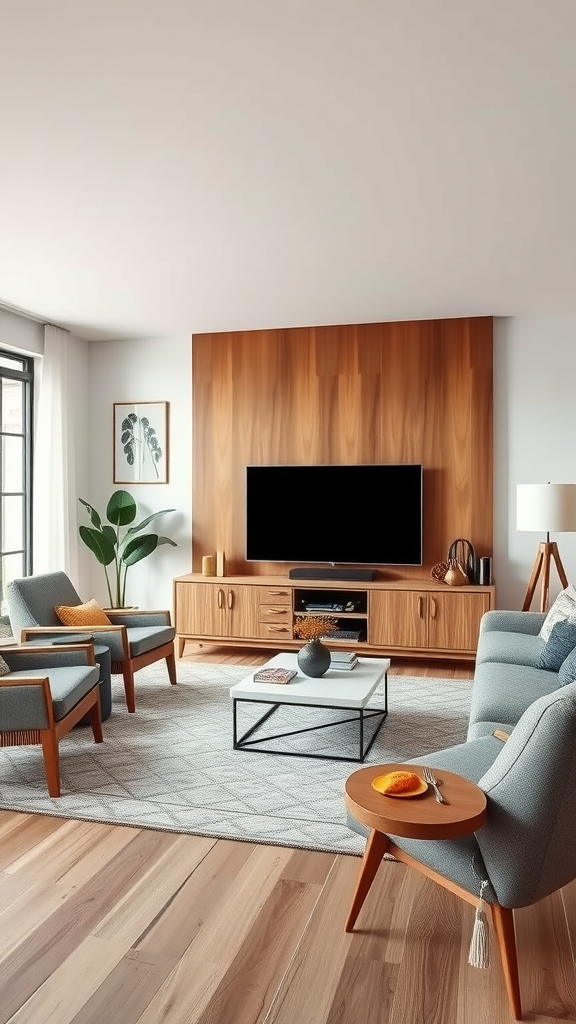 A modern living room featuring a sleek media center with a wooden background, comfortable seating, and a minimalist coffee table.