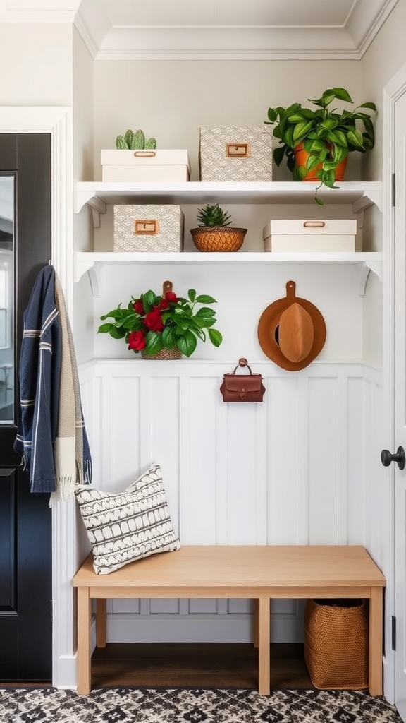 A cozy entryway featuring stylish modern shelves with plants and decorative boxes.