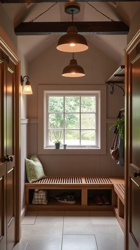 A well-lit entryway featuring pendant lights and a window with a stylish seating area.