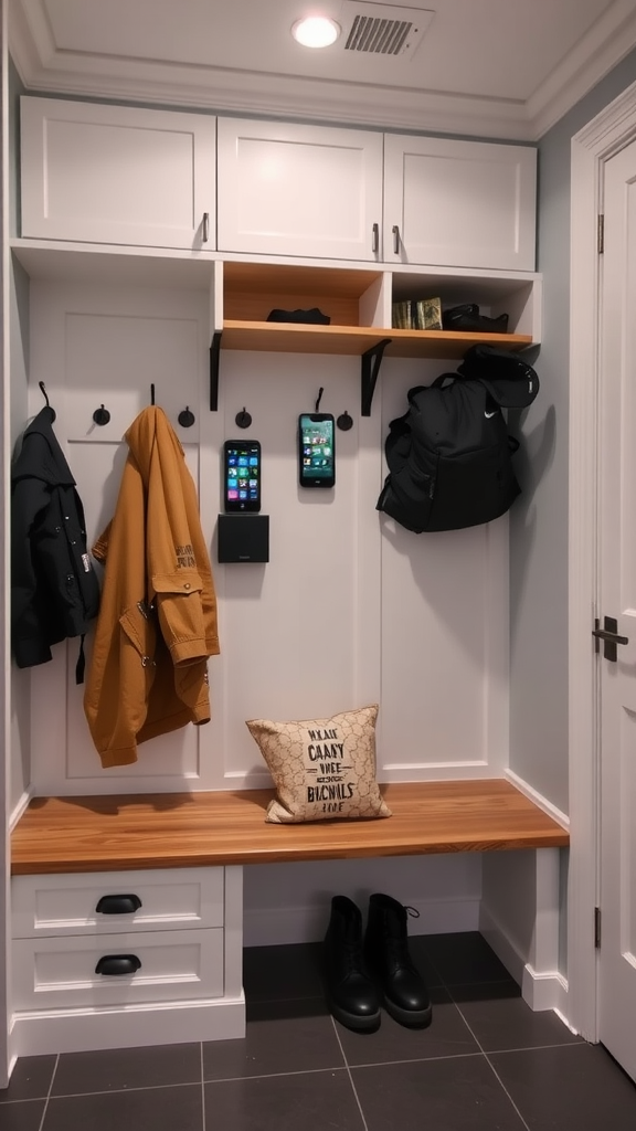 A modern entryway featuring a bench, coat hooks, and charging stations for phones.