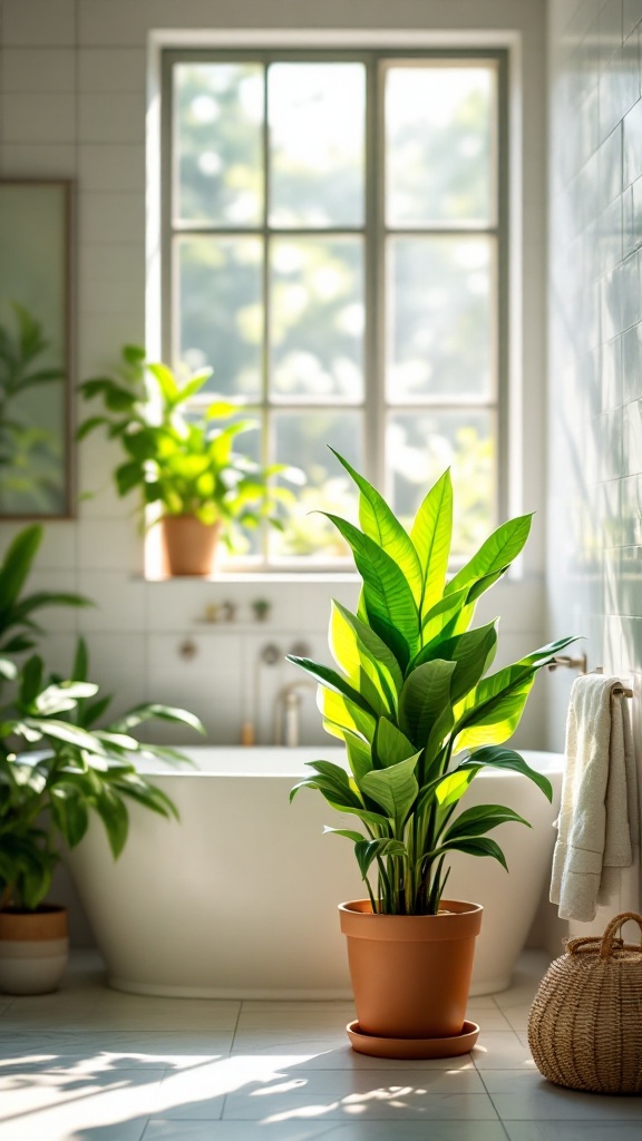 A bright bathroom featuring a tall Snake Plant in a terracotta pot beside a bathtub.