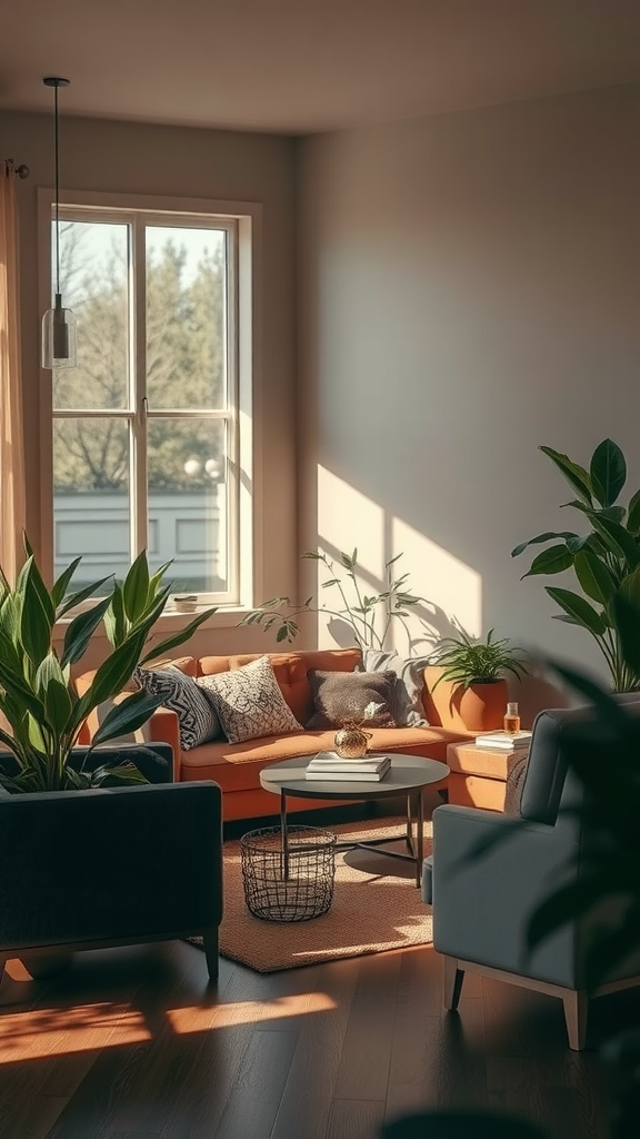 Cozy living room with soft lighting and plants