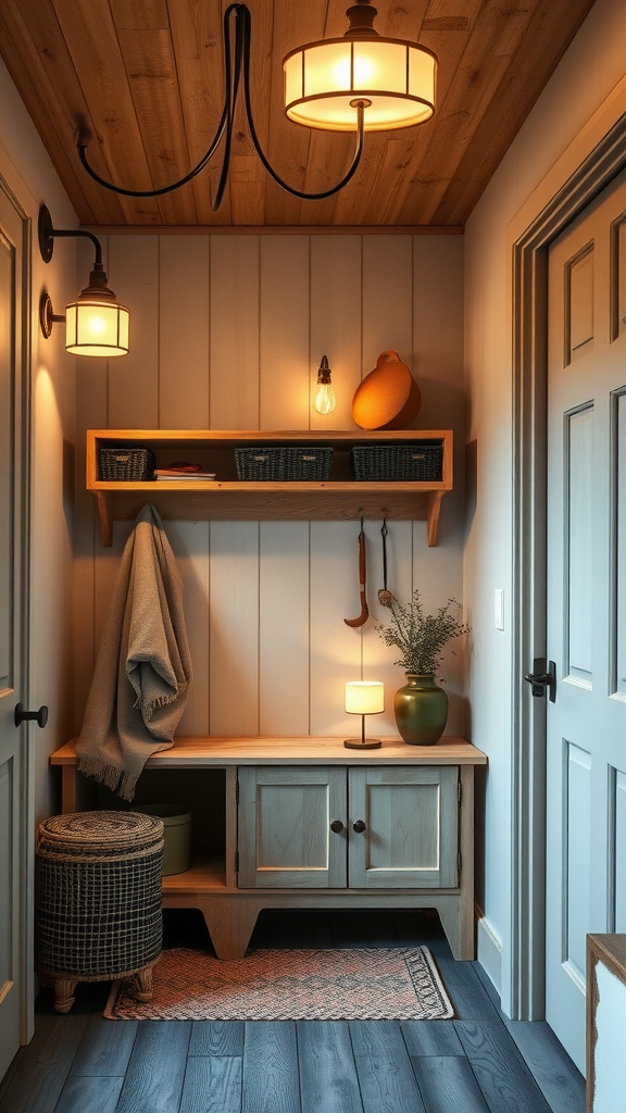 A cozy hallway with soft lighting fixtures, featuring a ceiling light and wall sconces.