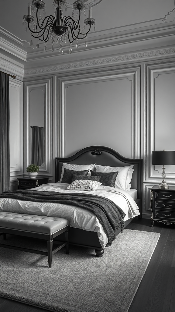 Sophisticated monochrome bedroom with black and white decor, elegant chandelier, and stylish furnishings.