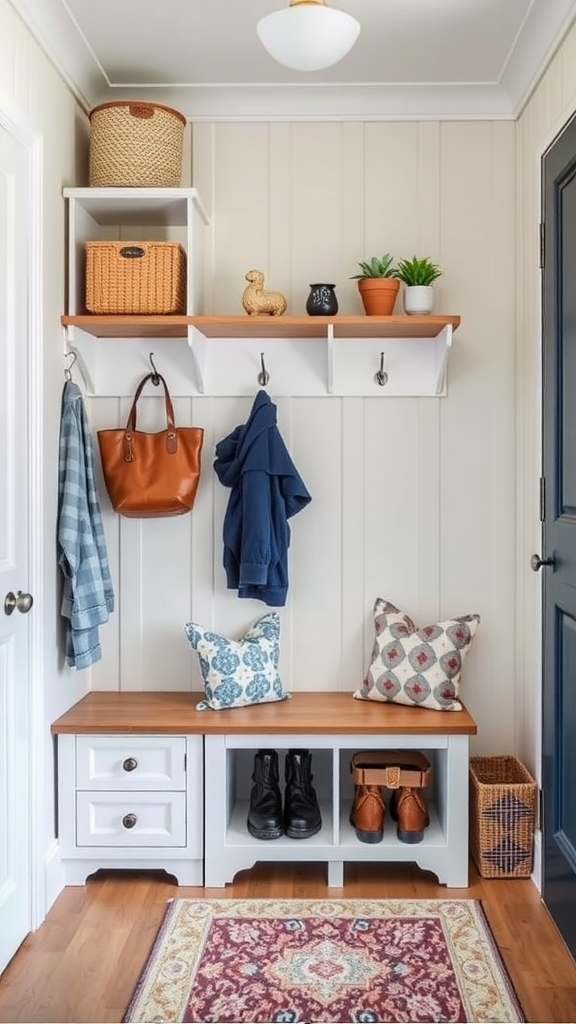 A neatly organized entryway with a bench, hooks, and shelves for storage.