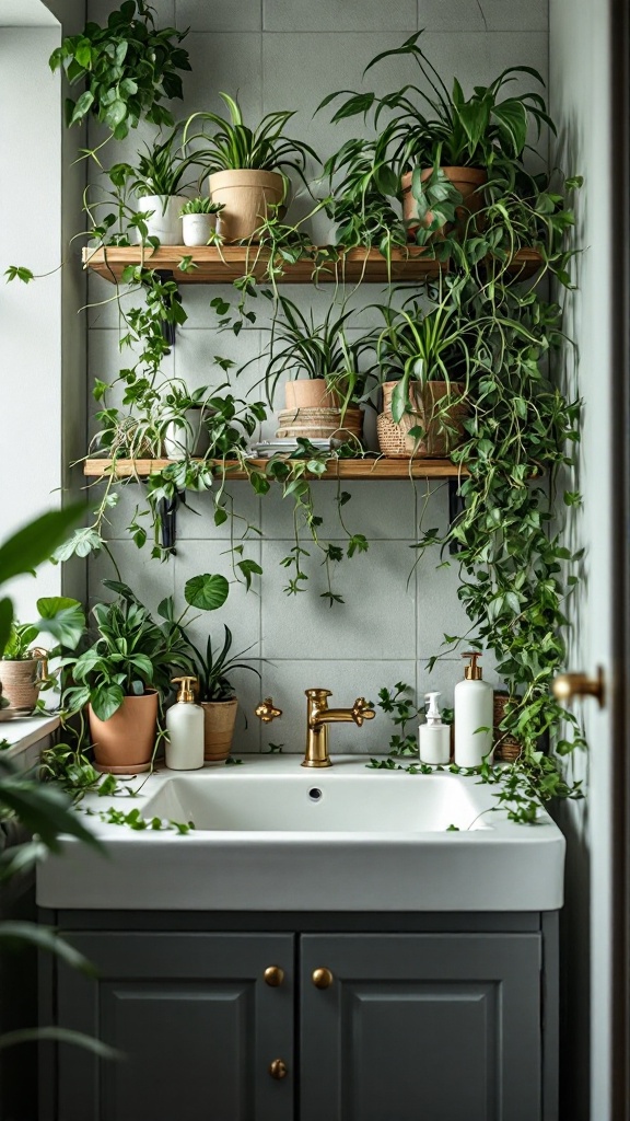 A bathroom with various plants, including spider plants, on shelves and around the sink.