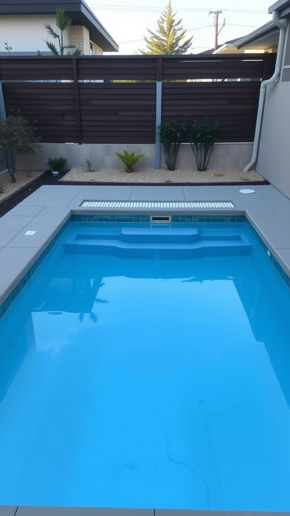 A small square in-ground pool with clear blue water and spa jets, surrounded by a modern patio and plants.