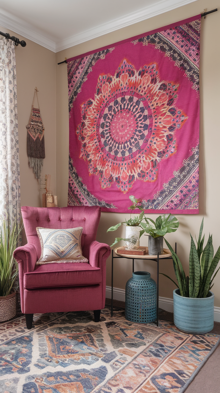 A cozy corner with a vibrant wall hanging, a pink armchair, and various plants.