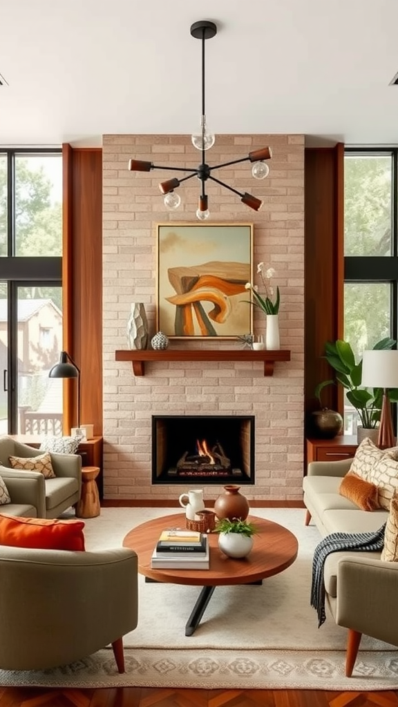 A modern living room featuring a stylish fireplace, comfortable seating, and decorative elements.