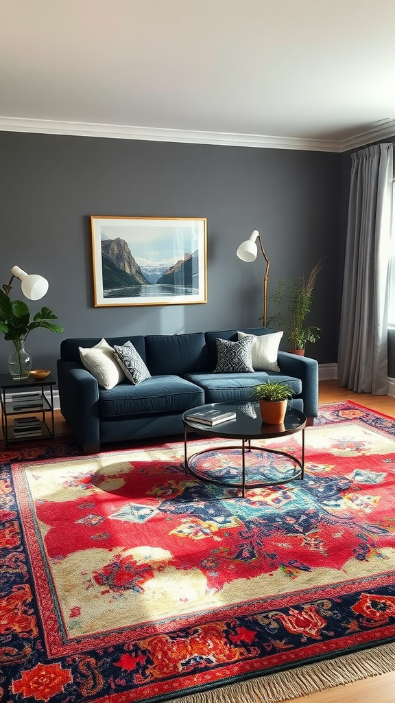 A stylish living room featuring a vibrant statement rug beneath a modern sofa.