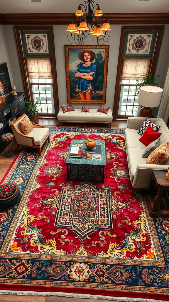 A vibrant statement rug in a stylish living room, featuring rich colors and intricate patterns.