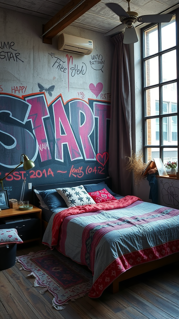 A stylish bedroom with street art on the wall featuring the word 'START' in bold colors.