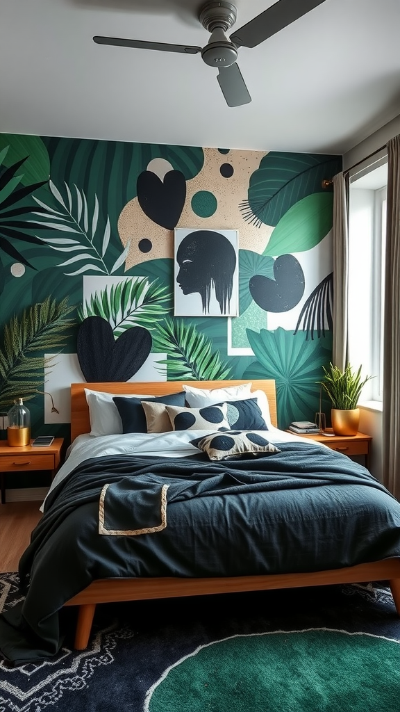 A bedroom featuring stunning green murals with leaves and abstract shapes.