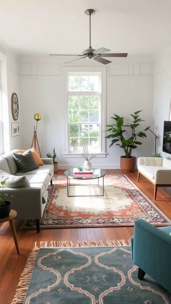 A stylish living room featuring two area rugs with a modern design, complemented by furniture and plants.