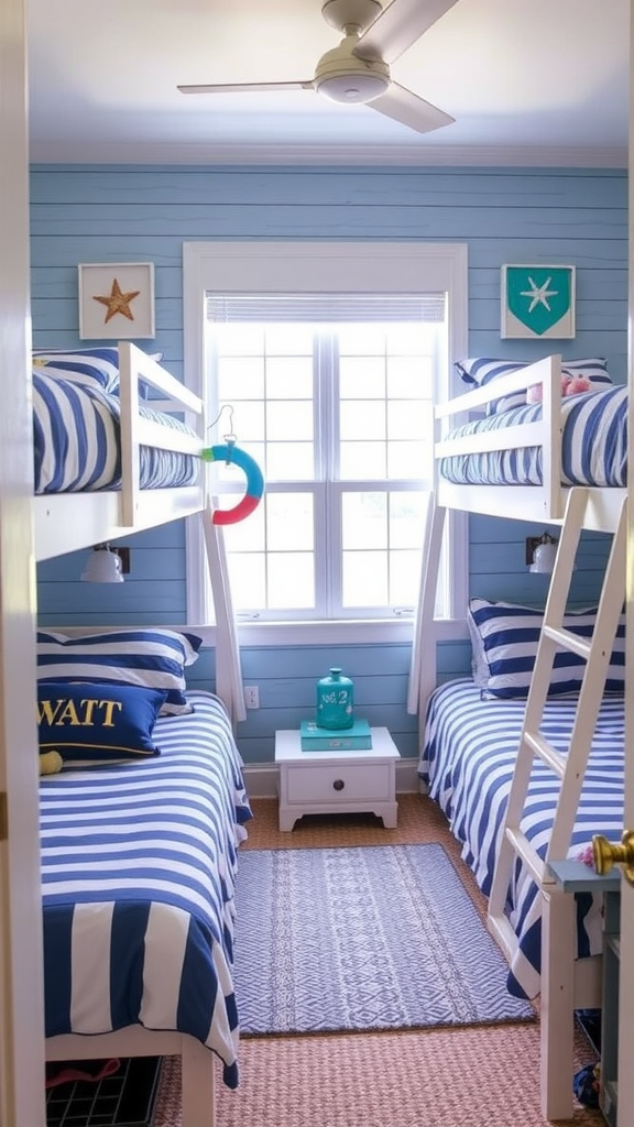 A stylish bunk room with blue and white striped bedding, featuring two sets of bunk beds, a rug, and decorative wall art.