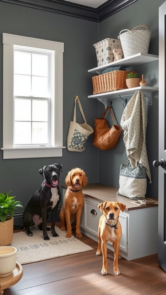 Three dogs sitting in a stylishly integrated pet area with storage and decor.