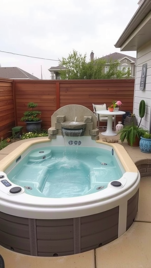 A stylish swim spa featuring a soothing waterfall and surrounding greenery.