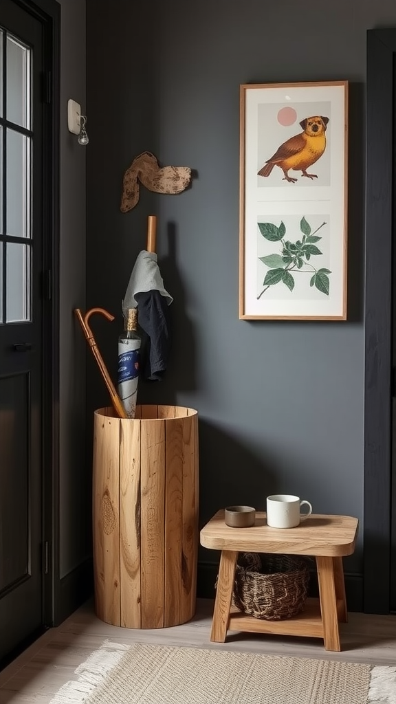 Stylish wooden umbrella stand in a modern entryway