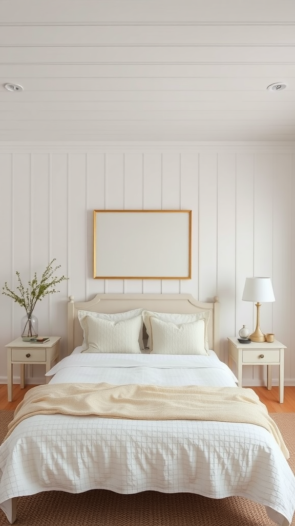 A coastal cottage bedroom with subtle striped walls and a cozy bed.