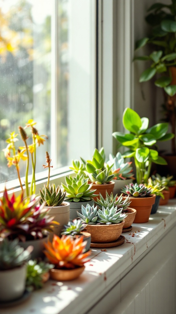 A variety of colorful succulents in pots on a windowsill.