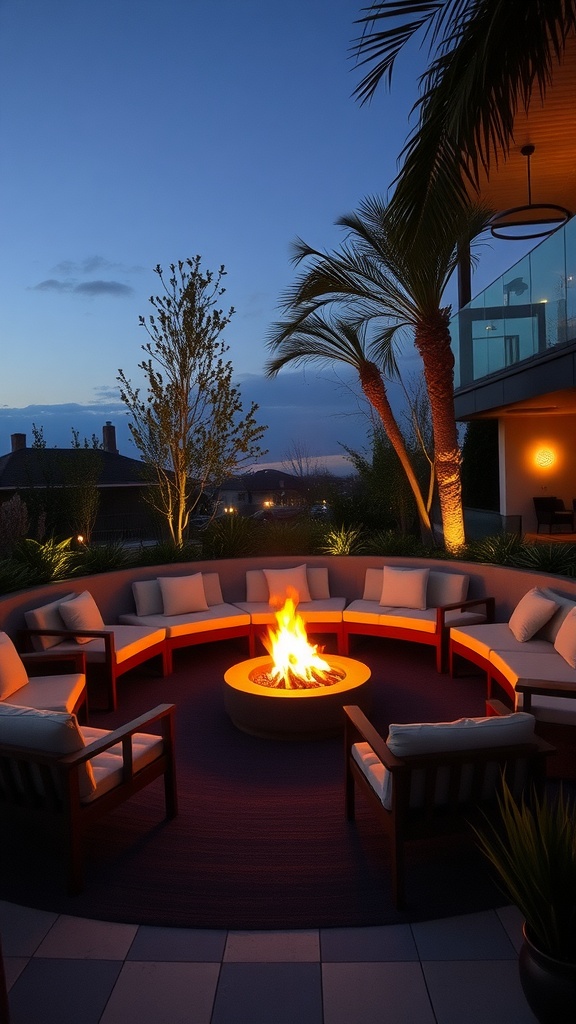 Cozy sunken fire pit lounge area with circular seating and a warm fire.