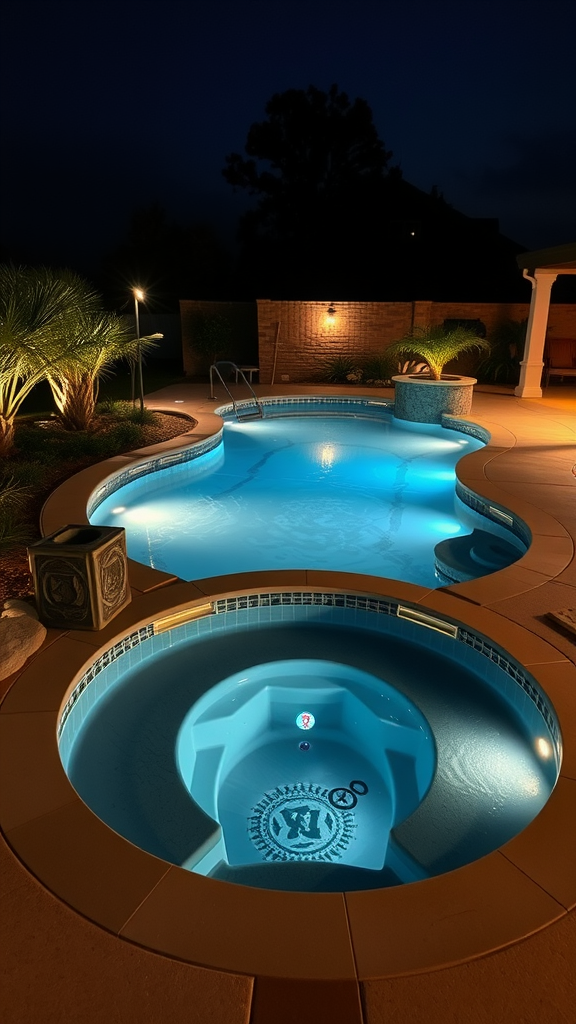 A nighttime view of a sunken pool with jacuzzi seating, surrounded by landscaping.