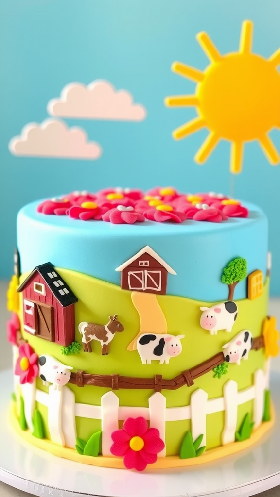 A colorful cake featuring a sunny farm scene with animals and flowers.