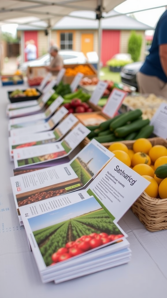 A table at a farmers market displaying fresh produce and informational brochures about sustainable farming practices.