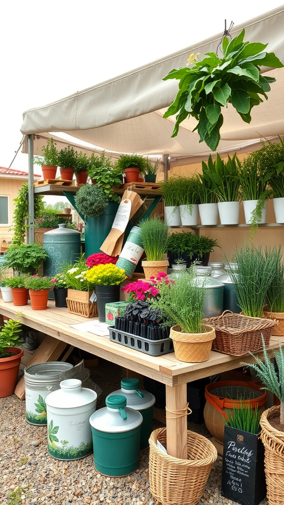 A display of various sustainable gardening supplies, including pots, plants, and containers.