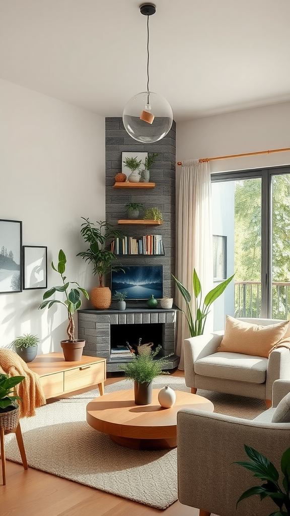 A cozy living room featuring sustainable materials and eco-friendly decor with plants and wooden furniture.