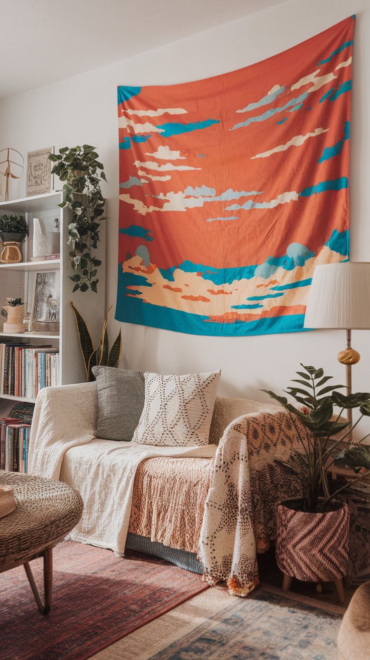 A colorful tapestry hanging on a wall above a cozy sofa with pillows and a plant nearby.