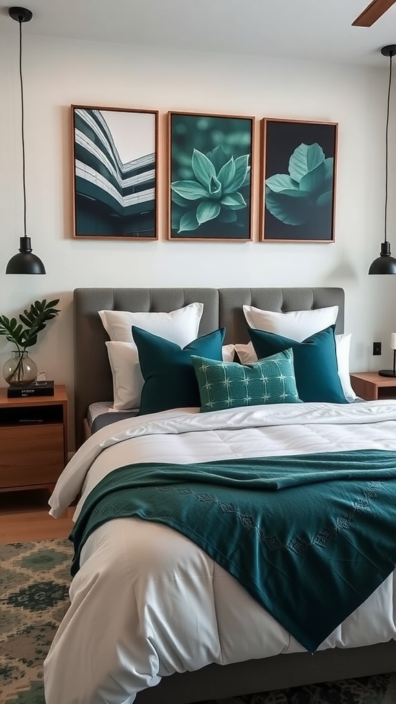 A stylish bedroom featuring teal and dark green decor with leafy art and comfortable bedding.