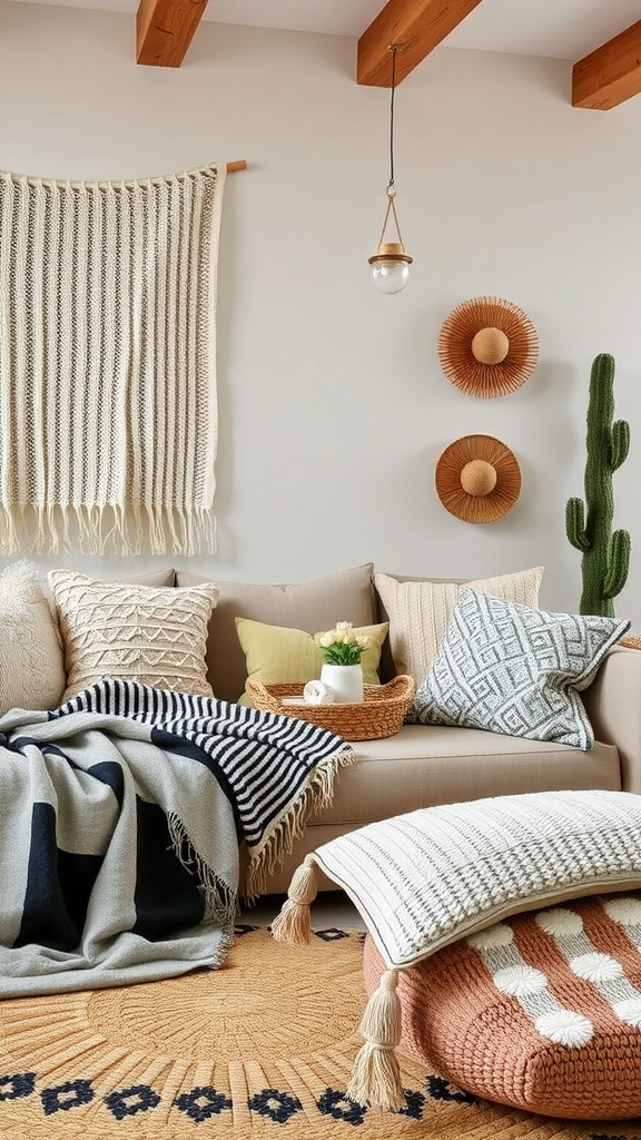 A cozy living space featuring various textiles, including knitted blankets and decorative pillows.