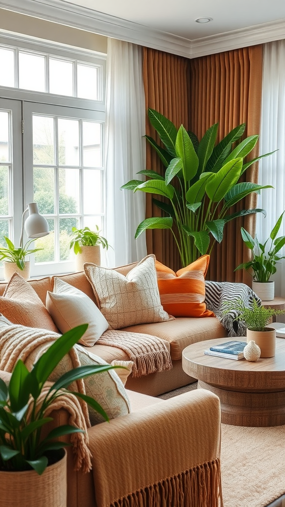 Cozy living room with textured fabrics and earthy tones.