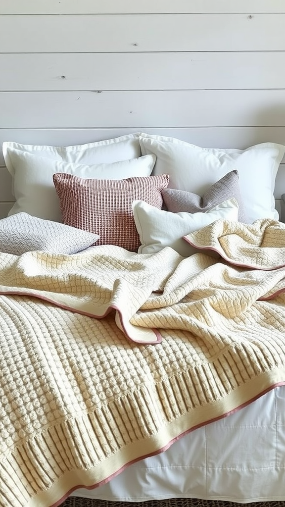 A cozy bed with a textured quilt and various cushions, creating a warm and inviting atmosphere.