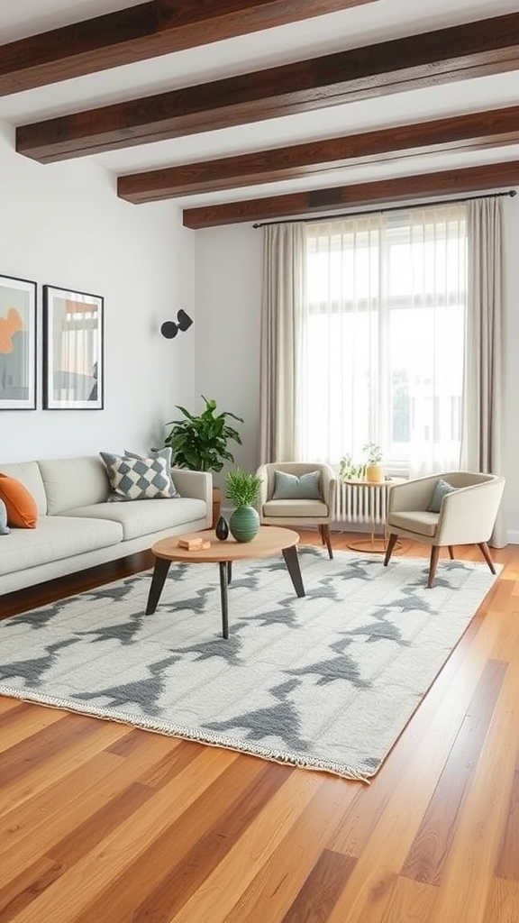 A stylish living room featuring a textured rug, modern furniture, and natural light.