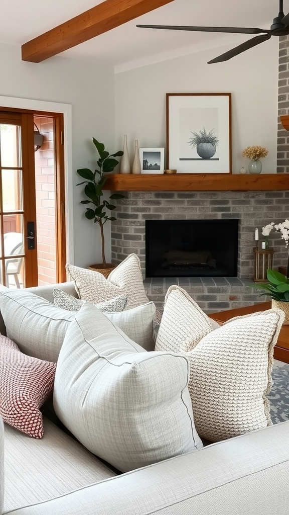 A cozy living room with textured throw pillows on a couch.