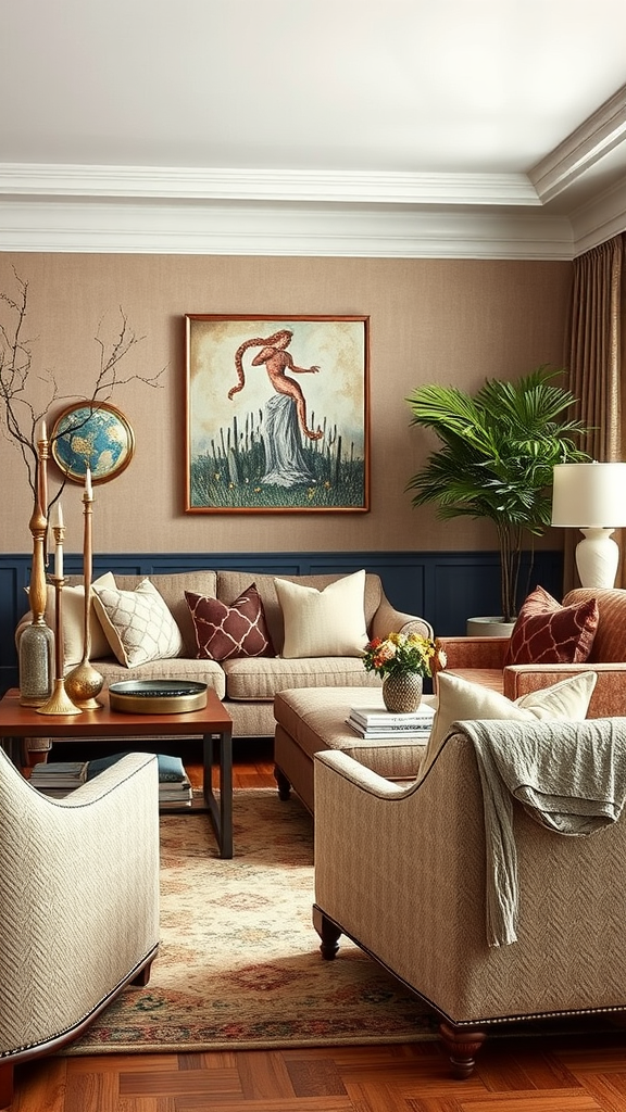 A cozy living room featuring textured upholstery with neutral tones and decorative elements.