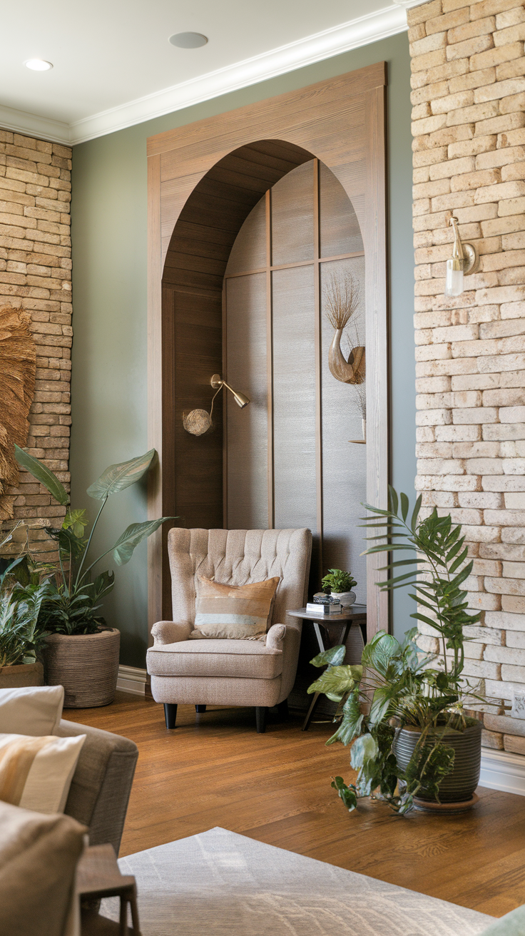 A cozy living room featuring textured wall treatments with natural stone and wood accents, complemented by plants and a comfortable armchair.