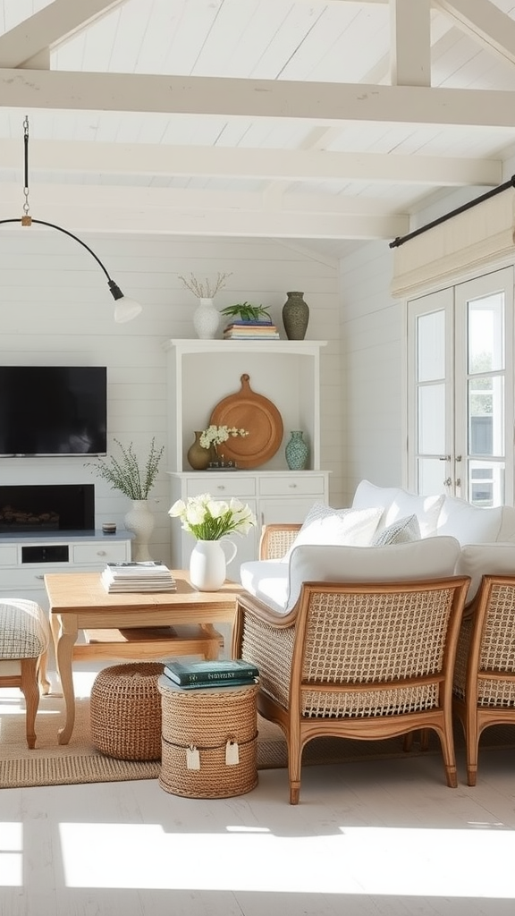 A bright and airy living room with whitewashed walls and natural wood furniture.