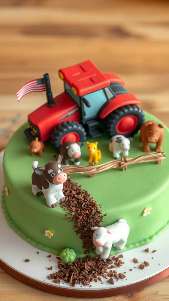 A festive cake decorated with a red tractor and various farm animal figurines on a green base.