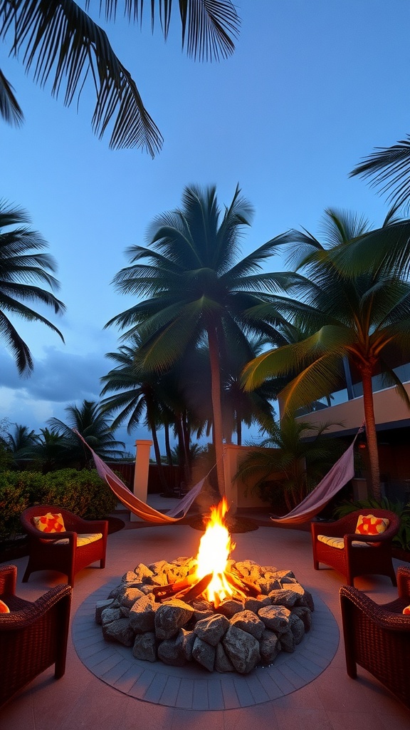 A tropical fire pit area with palm trees, comfortable seating, and a warm fire.