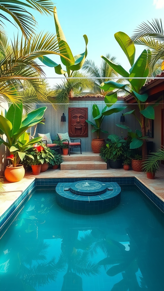 Small tropical pool with a spa corner surrounded by lush plants