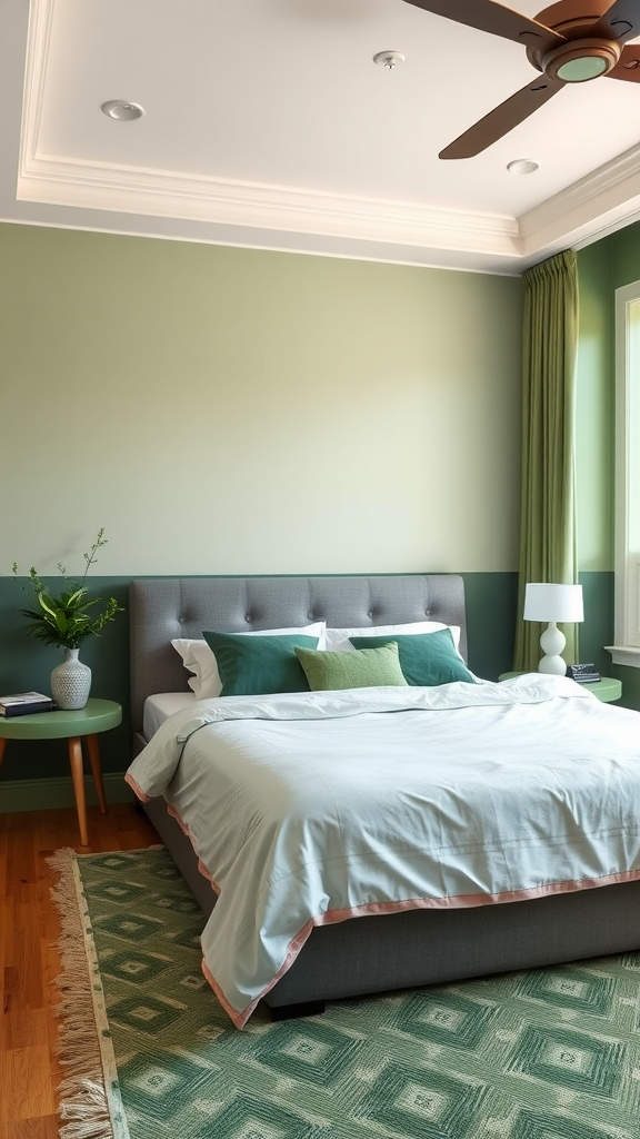 A cozy bedroom featuring a two-tone green color palette on the walls, with a gray bed, green accents, and a stylish rug.