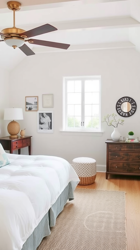 A coastal cottage bedroom featuring a soft color palette and simple decor.